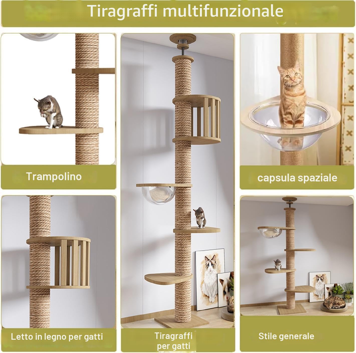 Tiragraffi a soffitto, Capsula per gatti, Completamente avvolta in corda di sisal, Altezza del soffitto,Tiragraffi offre ore di intrattenimento fisico e mentale
