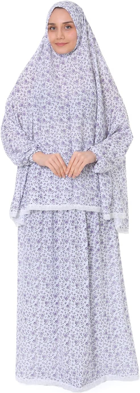 Islamic Dress for Women Prayer Clothes for Muslim Women 2 Piece Set Maxi Skirt with Hijab and Rosary Printed Dress