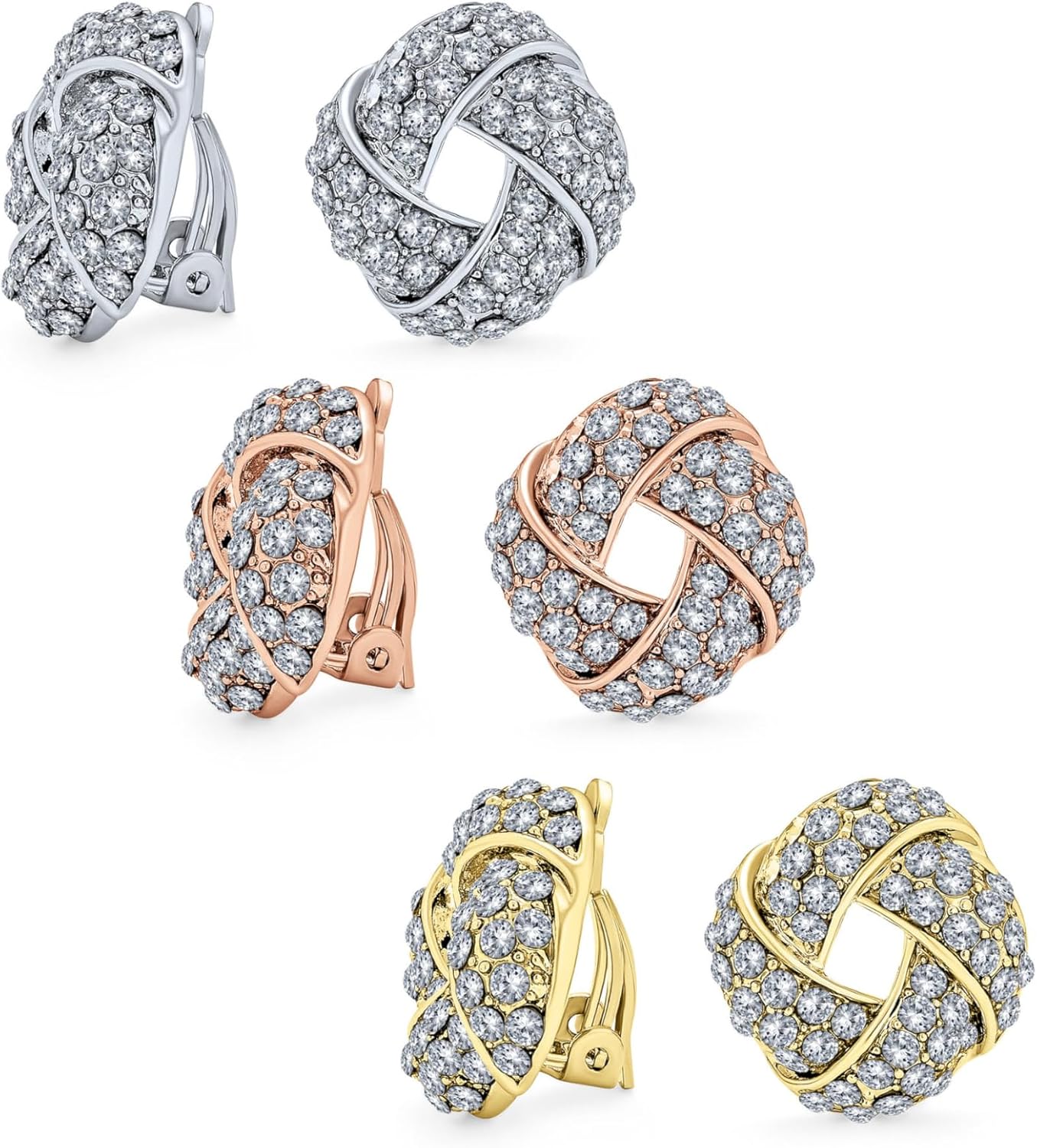 Set of Three Woven White Clear Crystal Love Knot Work Clip On Earrings For Women Non Pierced Ears Silver Rose Gold Plated Brass
