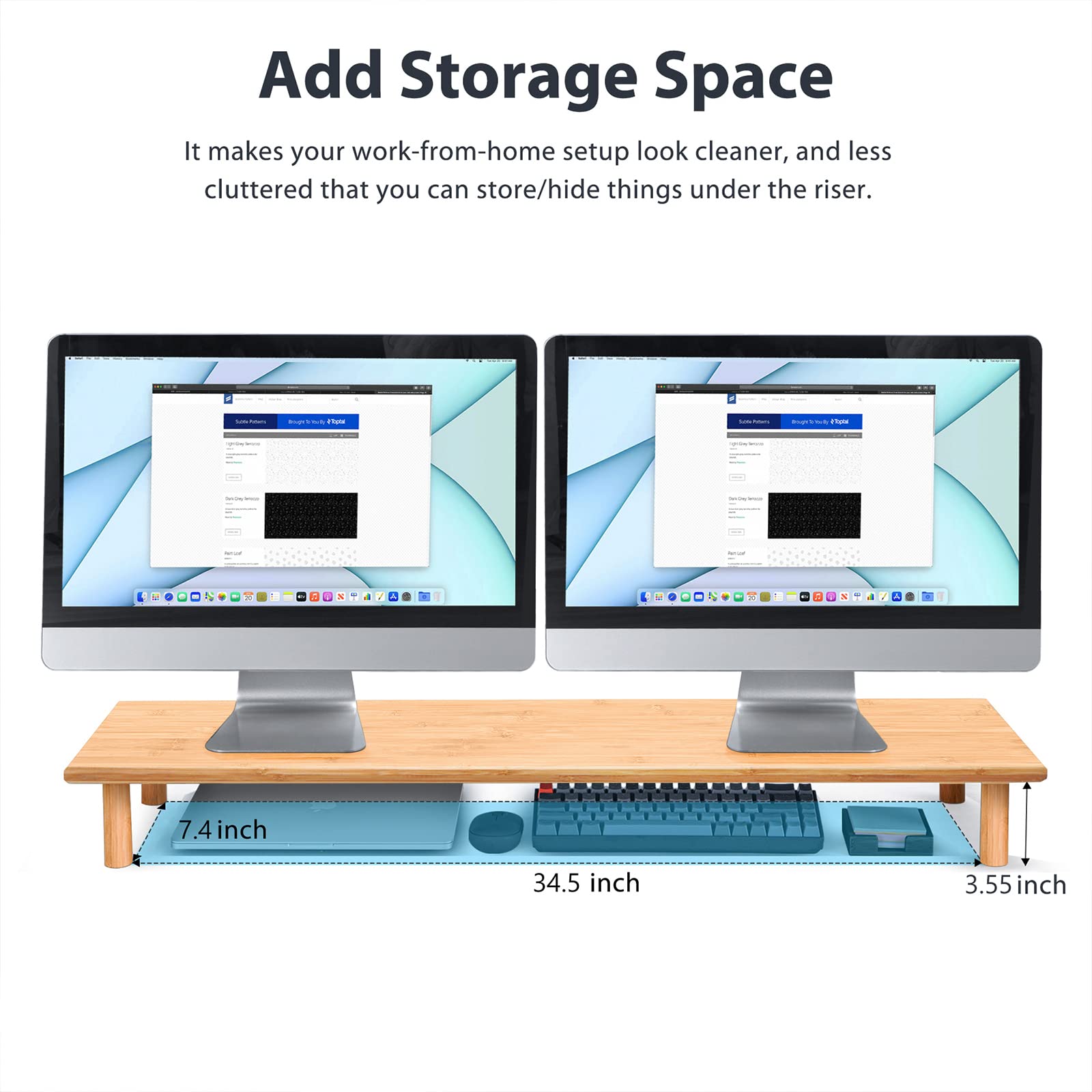 Bamboo Dual Monitor Shelf for 2 Monitors, ROCDEER Monitor Stand Riser Underneath Storage for Desk Office Supplies, and Supports for Computer Monitor, Heavy TV Riser up to 130 lbs, Natural