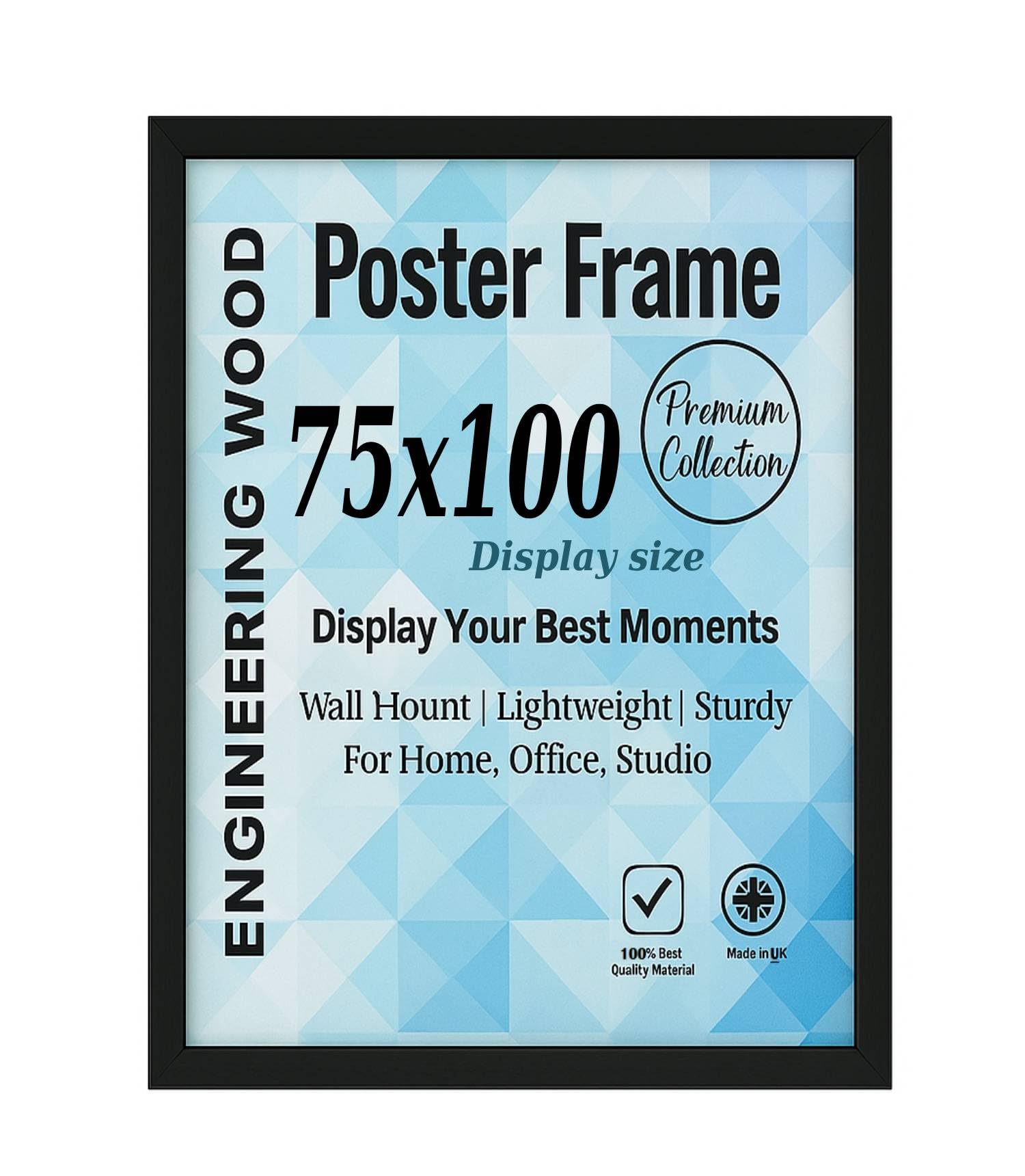 Modern Black Poster Frame 75x100 cm Size For Display MDF Wood Construction with Acrylic Glass - Picture Frame