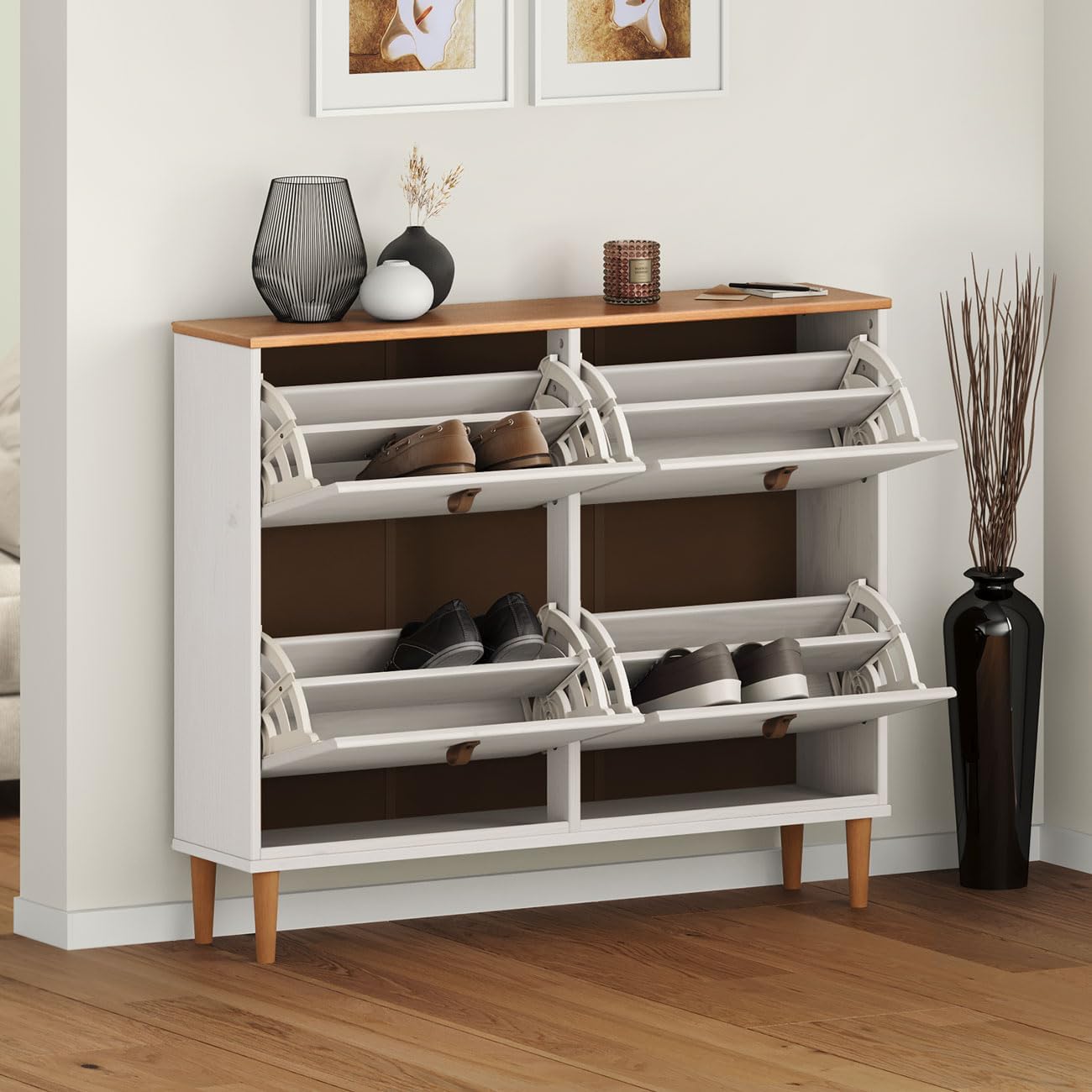 IDIMEX MIKKA Shoe Cabinet with flaps open, showing shoes stored inside