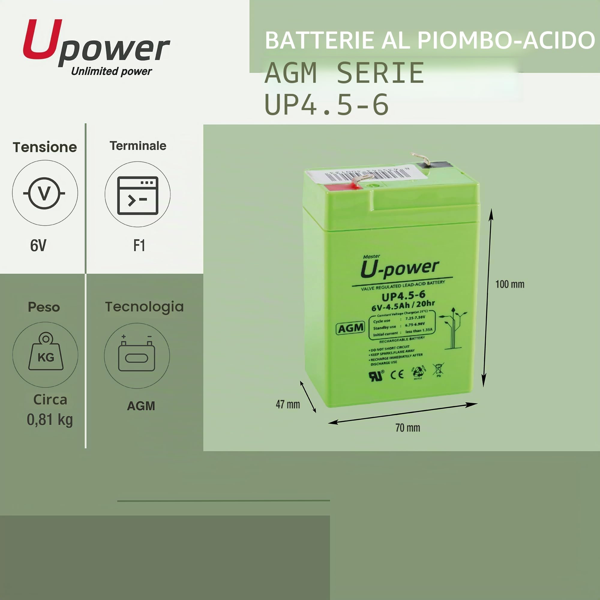 Batería piombo AGM Sigillata 4.5Ah 6V Faston F1 4.8mm