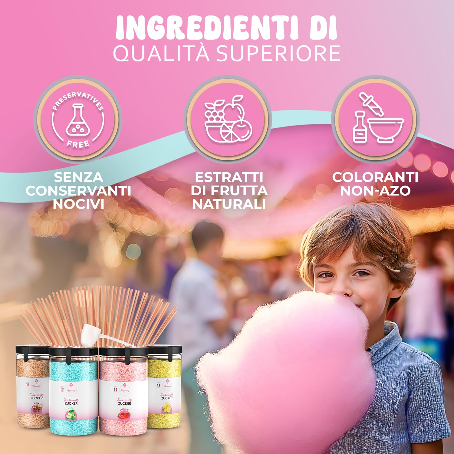 Misskandy® zucchero filato per macchina - Confezione da 4 * 240Gr - (Aromi naturali): Aromi: Fragola/Mela/Cola/Lemonio/Polvere di zucchero+ 50 bastoncini (gratis)