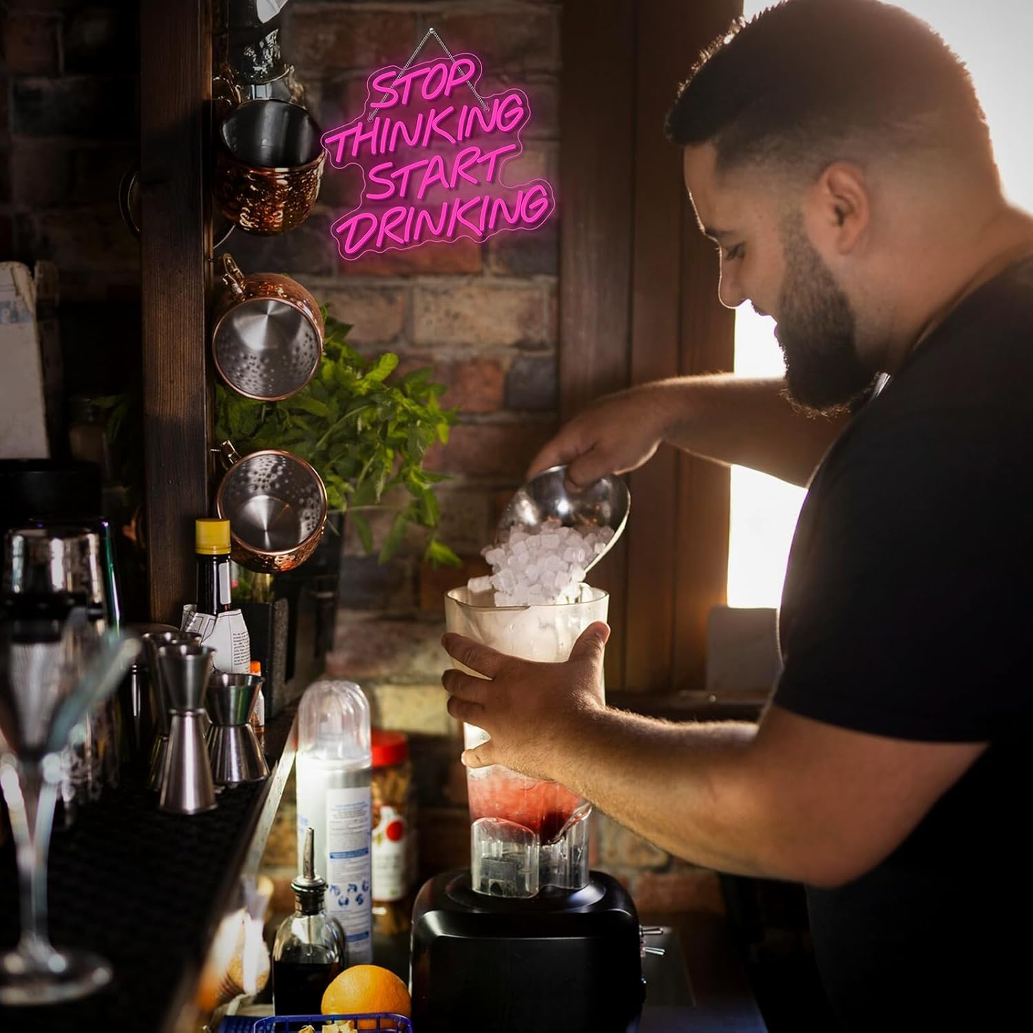 Stop Thinking Start Drinking Neon Sign Pink Led Neon Signs Letter Neon Lights Neon Bar Signs for Wall Decor USB Light Up Sign Neon for Home Bar Man Cave Party Club Restaurant