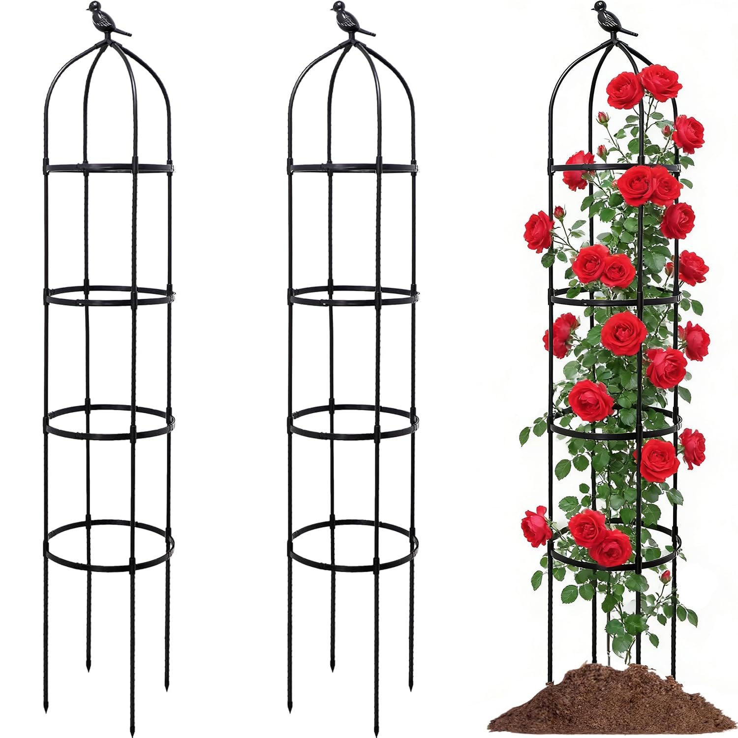 2 Pack Garden Obelisks for Climbing Plants 175cm, Tall Metal Trellis with Black Plastic Coated Poles, Rustproof Adjustable Plant Support, Ideal Sweet Pea Trellis for Roses & Clematis, Indoor & Outdoor