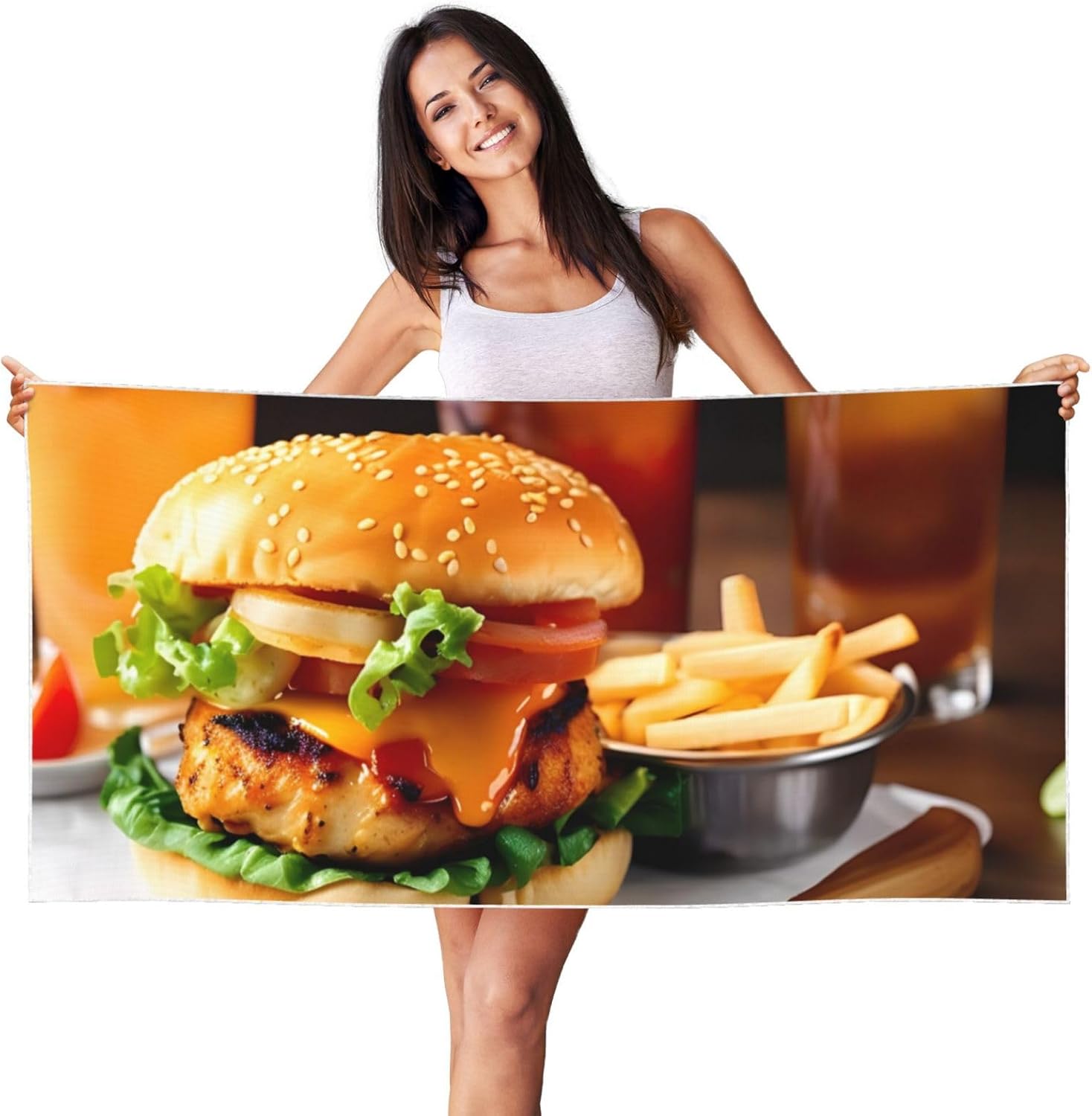 Peach Skin Velvet Quick Dry Lightweight Chicken Leg Burger Drink Print Beach Towel for Beach,Bath,Pool,Gym,Yoga