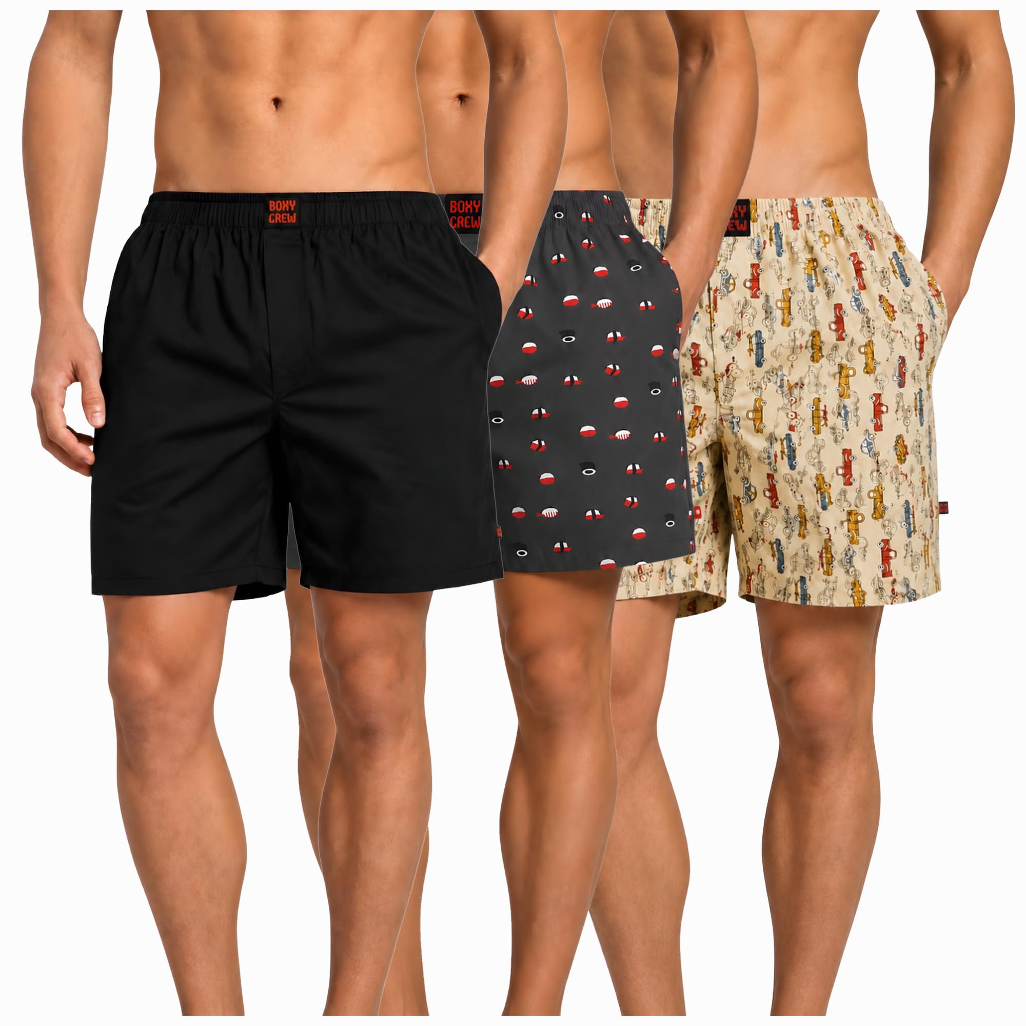 Men's 100% Cotton Boxer Shorts Pack of 3, Black, Charcoal & Beige | Woven Boxers with Side Pockets, No-Marks Elastic Waistband, Breathable Relaxed Fit | Style 001-012-013-picture-24