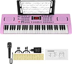 Teclado de piano elétrico, teclado digital de 61 teclas para piano com alto-falante e suporte para partituras, presente para crianças iniciantes na educação infantil, rosa