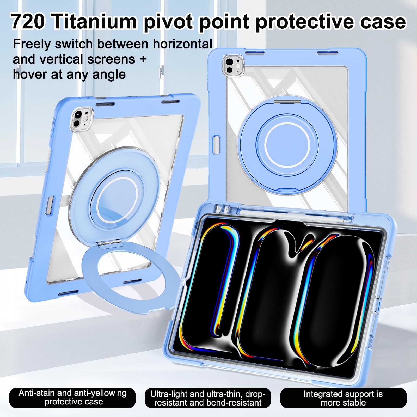 Custodia in silicone resistente per tablet iPad Pro 11" 2024, custodia antiurto Crystal Armor Series con portamatite, supporto girevole in titanio con anello grande da appendere