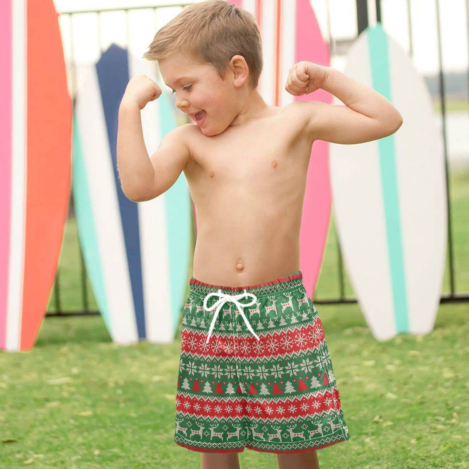 visesunny Merry Christmas New Year Pattern Summer Boys Swim Trunks Quick Dry Kids Board Shorts Beach Toddlers Bathing Suits Size from 2T to 14/16 Multi