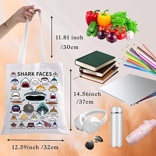 Miniatura 2 de BWWKTOP Bolsa de lona con cara de tiburón, regalos para amantes de los tiburones, bolsas de comestibles reutilizables con diseño de tiburón