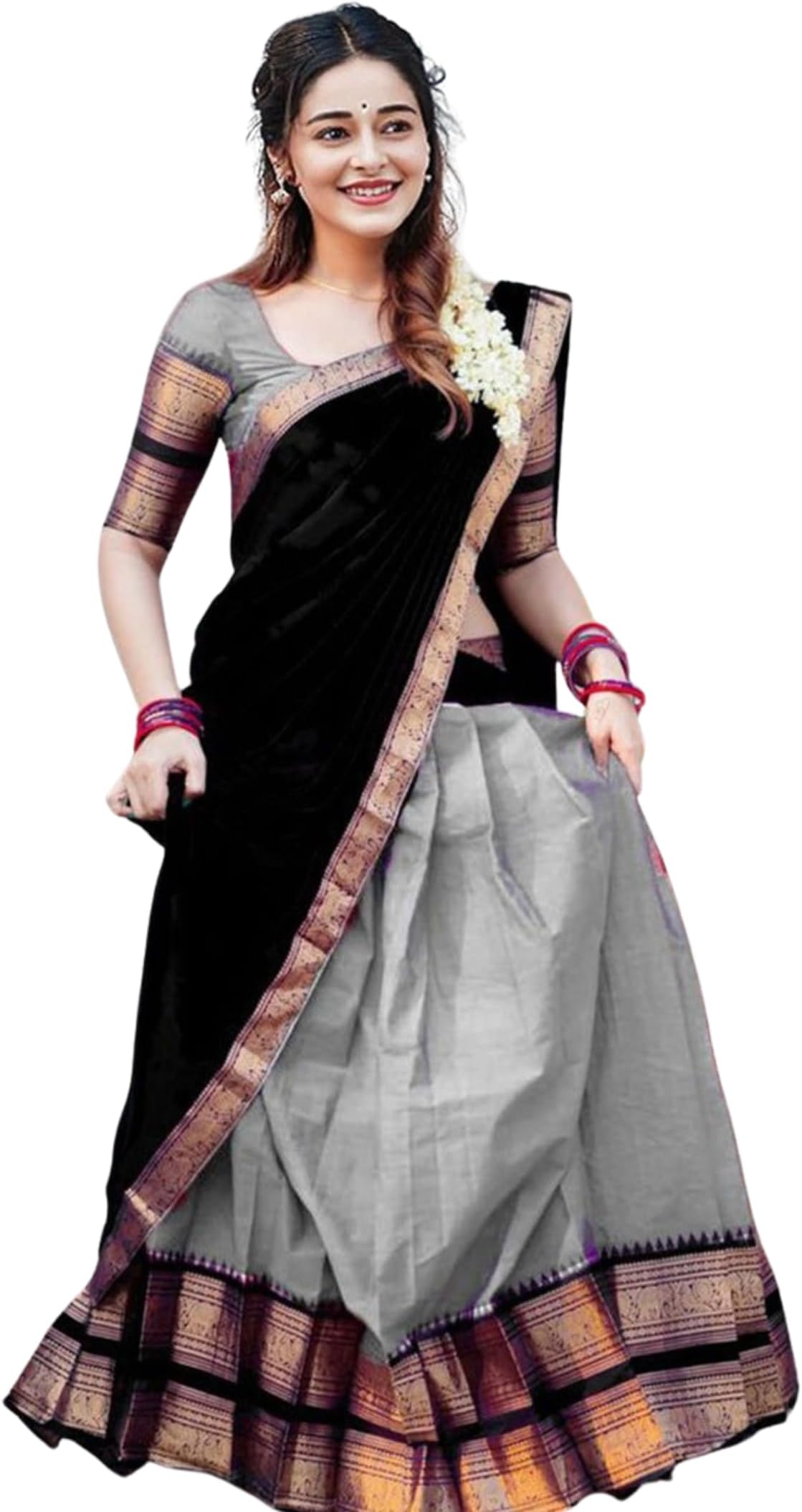 Women's Indian Traditional Unstitched Kanjivaram Kanchipuram Silk Pure Zari Weaving Lehenga Choli Along With Dupatta Attach With Unstitch Blouse Piece, Half Saree (HT143)