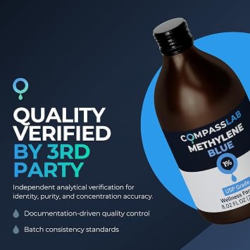 Methylene Blue Pharmaceutical Grade, USP Grade, Third-Party Tested Brain Health Dietary Supplement for Humans, No Formaldehyde, Made in USA (1% 237ml Bottle)