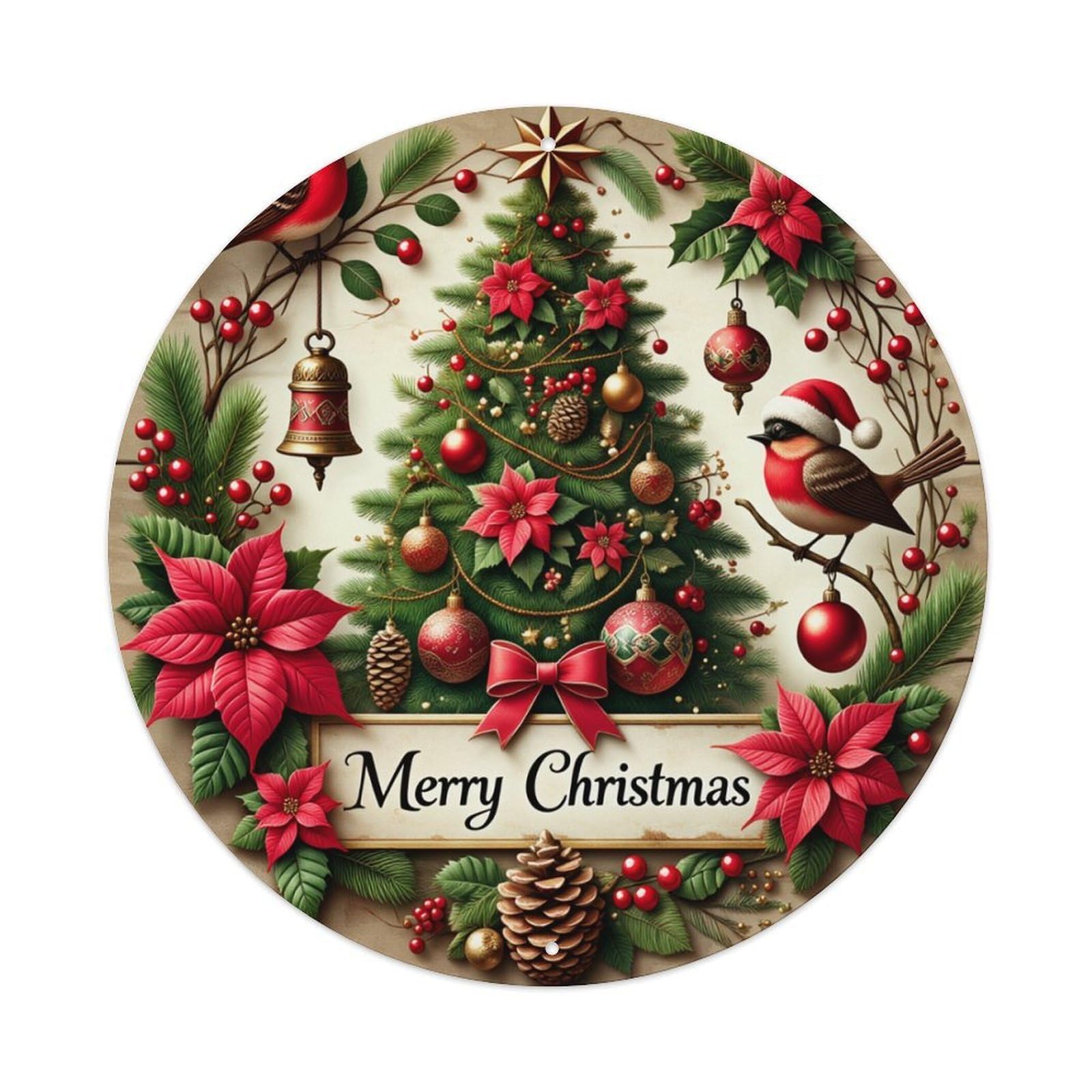 Christmas Tree Birds Poinsettia Ornaments Round Tin Sign Retro Metal Sign for Cafe Bar Pub Home Game Room Gym Club Wall Decoration Vintage Metal Poster 8x8 Inch