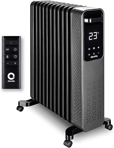 Devola Platinum 2500W Oil Filled Radiator, Quiet Electric Heater with Digital Thermostat, ECO Mode, 24H Timer, Child Lock, Overheat & Tip-Over Protection, Portable, Free Standing, Black - DVOFR2500B