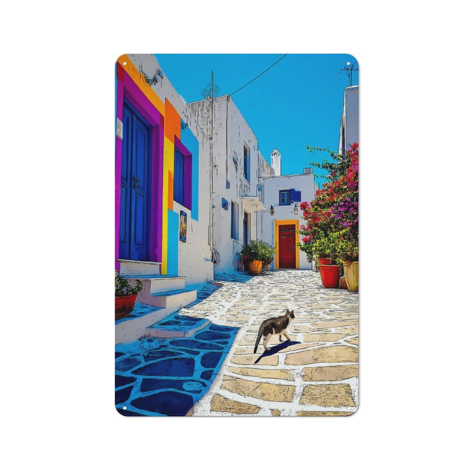 Junmoney Colorful Street Scene With Cat Vintage Metal Wall Art Sign 30X20cm Featuring Old Style Wall Plaque For Kitchen, Hallway, Bar Or Small Cafe