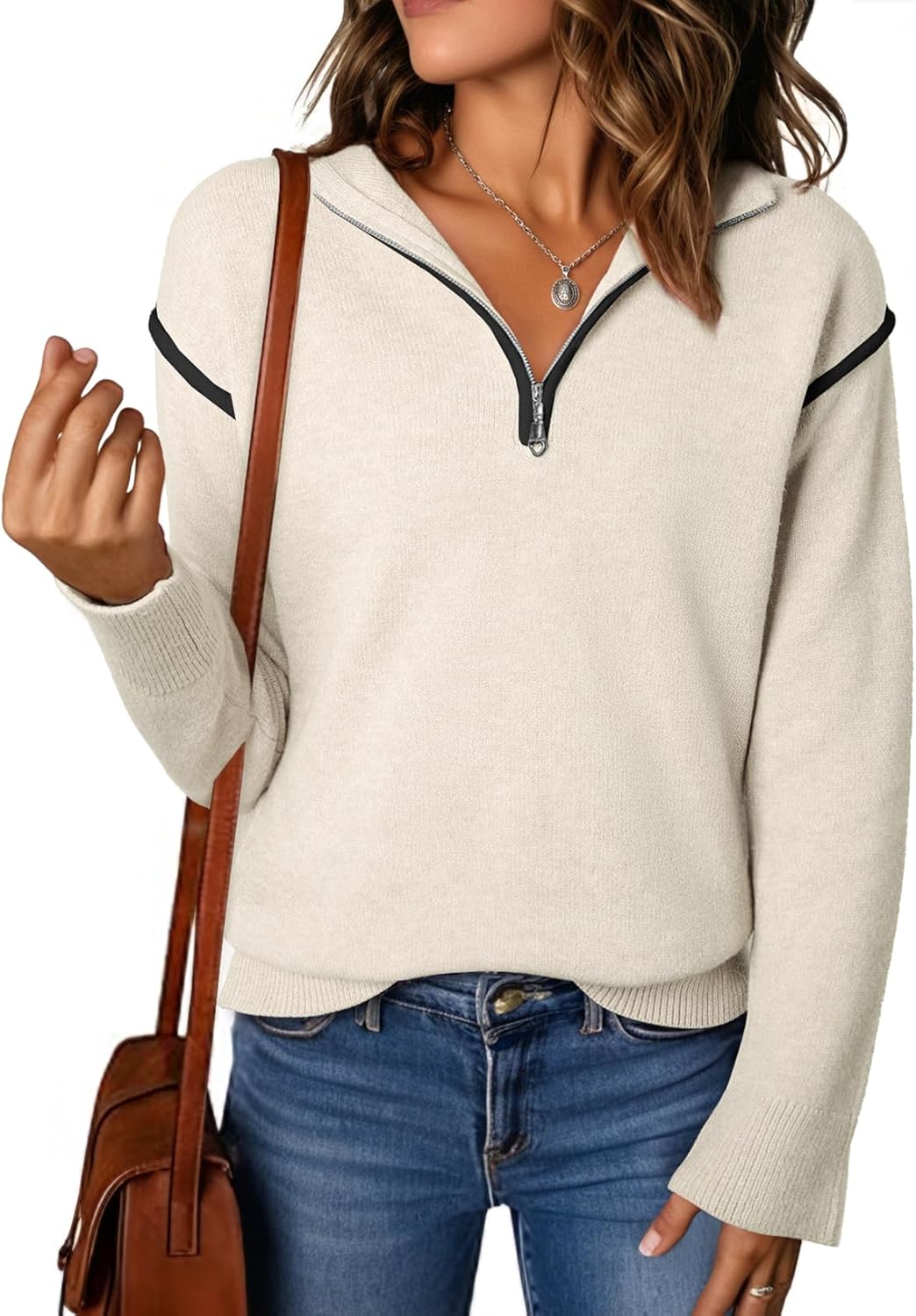 EVALESS Womens Sweaters V Neck Long Sleeve Quarter Zip Collared Ribbed Knit Dressy Casual Pullover Sweaters Outfits