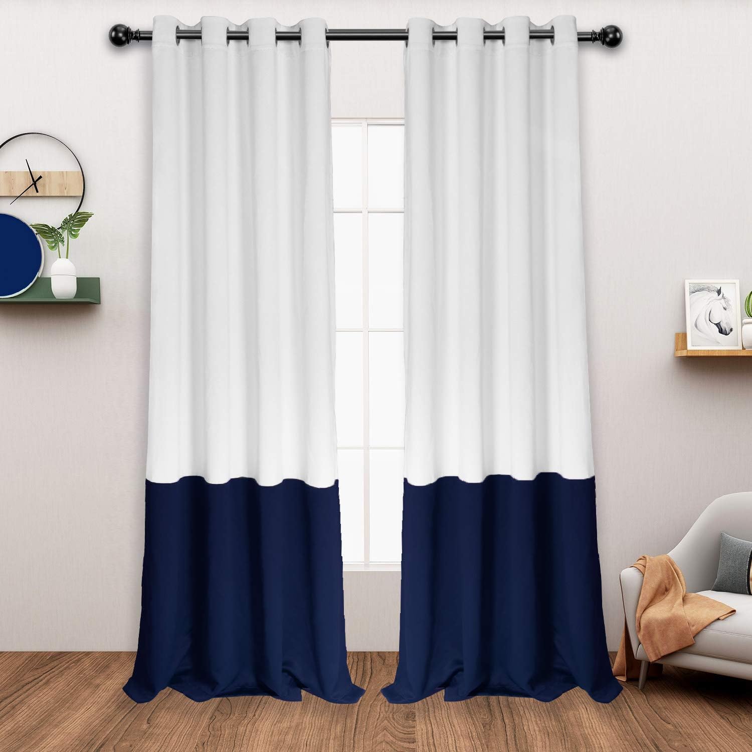 LORDTEX Color Block Blackout Curtains for Bedroom – Insulated Thermal Curtains, Noise and Sun Light Blocking Grommet Window Drapes for Living Room, 52 x 84 Inch, Grayish White/Navy, Set of 2 Panels