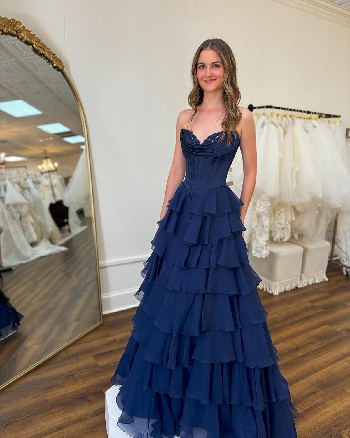 Fokissy Strapless Prom Dresses 2025 Tiered Ruffle Chiffon Ball Gown Corset Satin Quinceanera Dress