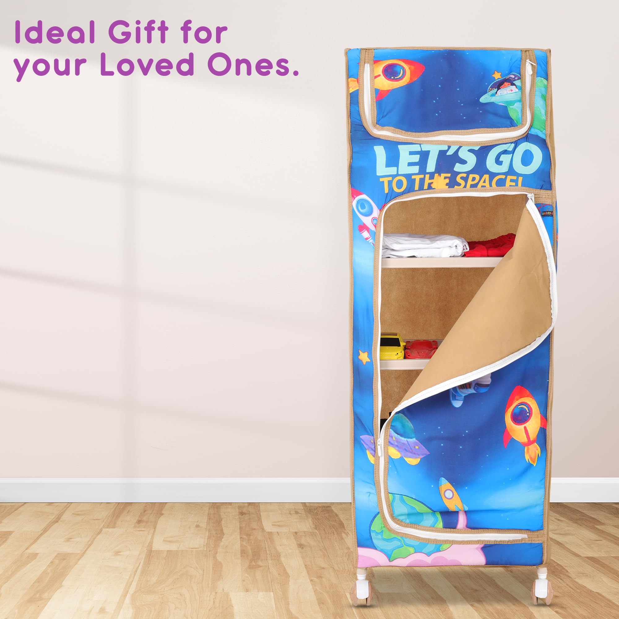 AMARDEEP Baby Folding Almirah with 5 Trays | Portable Wardrobe for Kids | Cloth Organizer with Wheels | Cartoon Print Storage Cabinet | Multipurpose Kids Almirah for Baby Clothes & Toys - Image 4 thumbnail