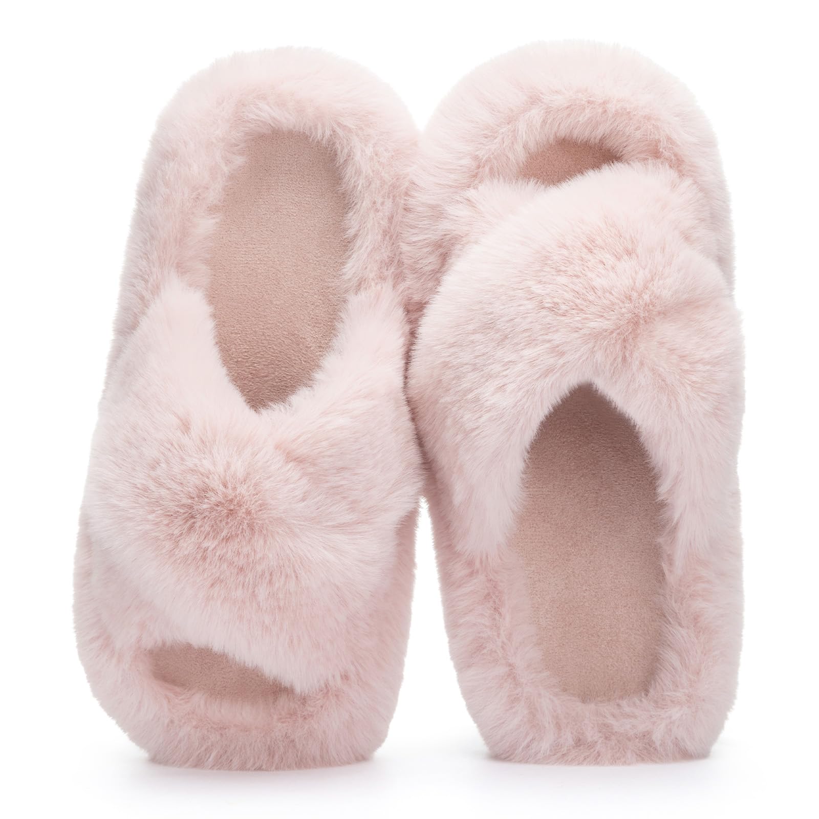 Womens Fuzzy Slippers Cross Band Memory Foam House Slippers Open Toe