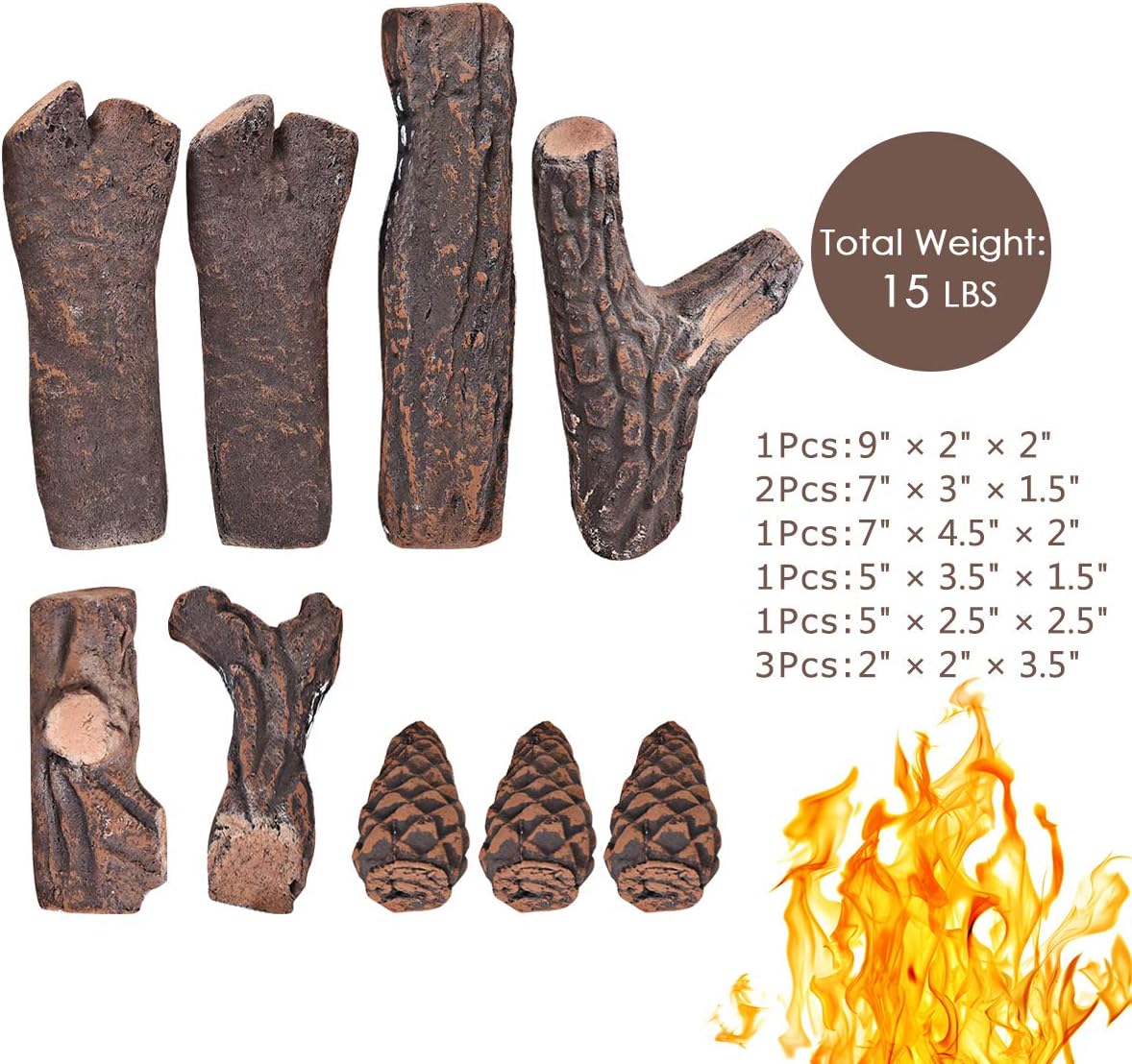 Realistic Ceramic Wood Log Set for Indoor/Outdoor Fireplaces
