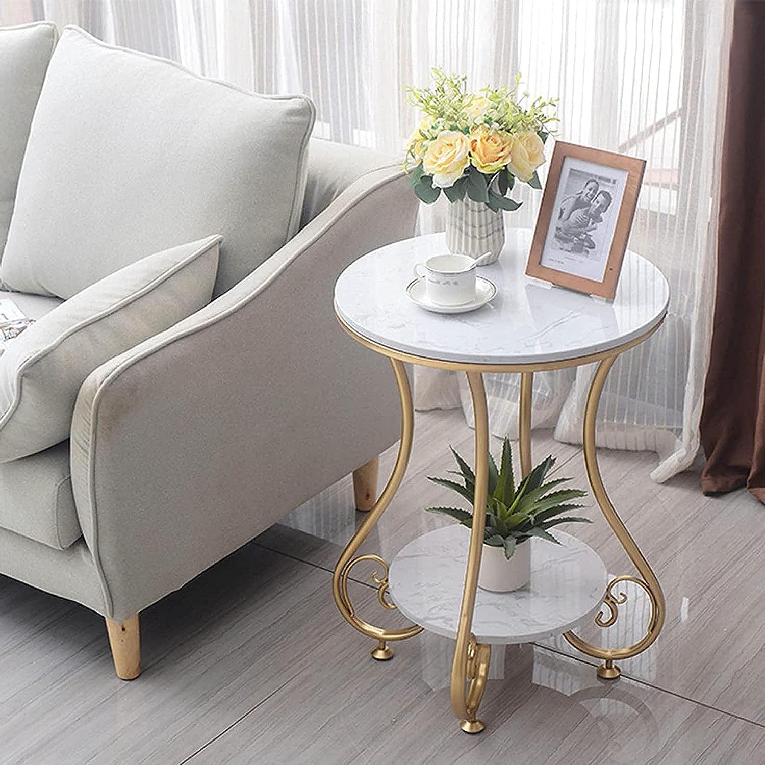 RIGHT CHOICE FURNITURE Furnish Maharaja Style Round End Table & Side Table for Small Spaces, Coffee Snack Table for for Living Room Bedroom,Marble Sticker Wood Board and Metal Frame (White)