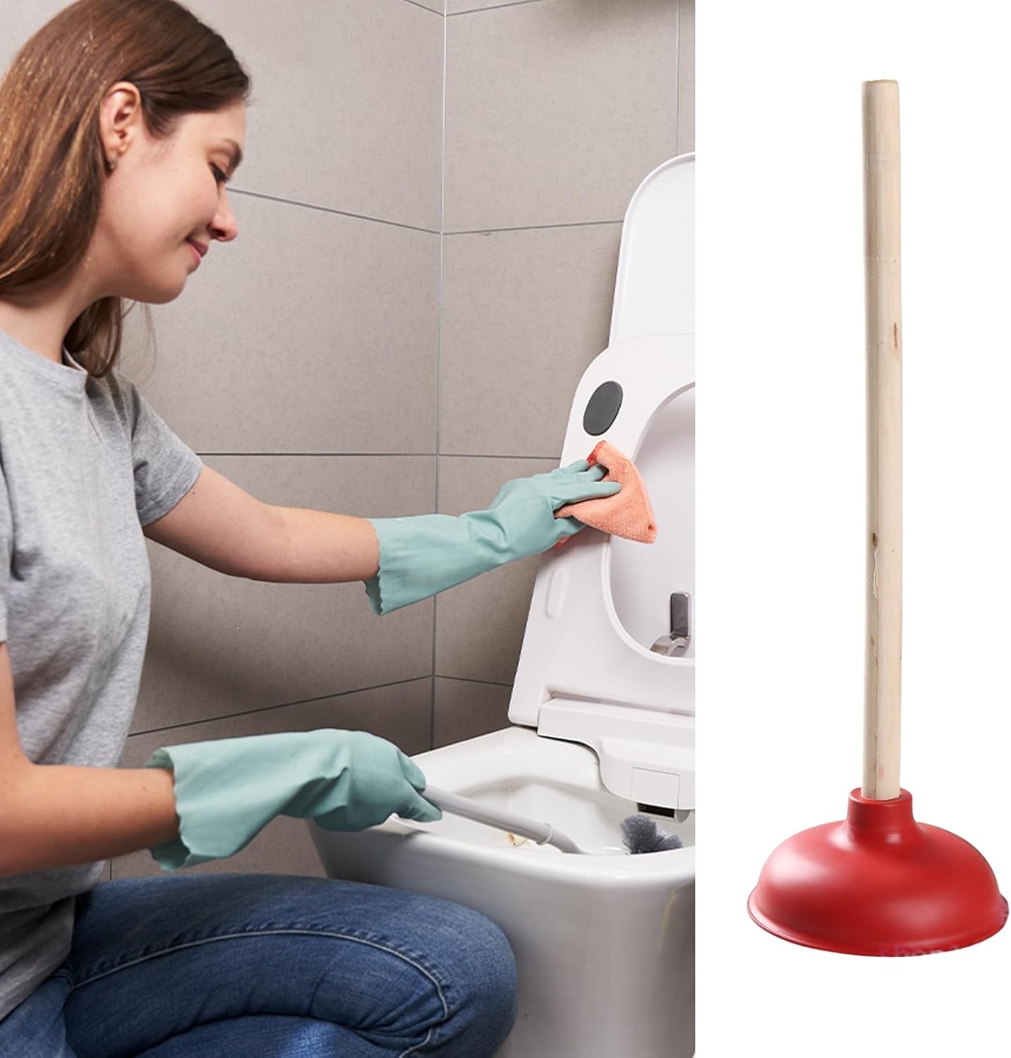 2Pieces Heavy Duty Powerful Plunger Unblocker Tool for Toilets and Sinks Ergonomic Wooden Long Handle for Easy Handling