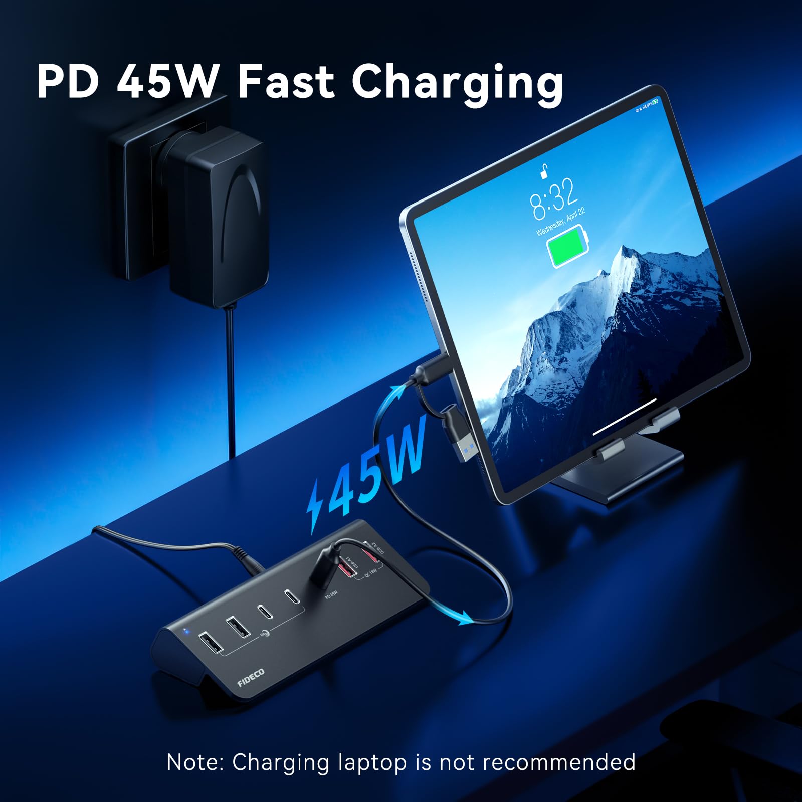FIDECO Hub USB Alimentato a 7 Porte da 72W, Hub USB C con 1 PD 45W, 2 Porte di Ricarica QC 3.0 e 4 Porte USB 3.2 (2 USB-A + 2 USB-C), 10Gbps Hub in Alluminio per Laptop, PC, MacBook, iPhone 17/16/15
