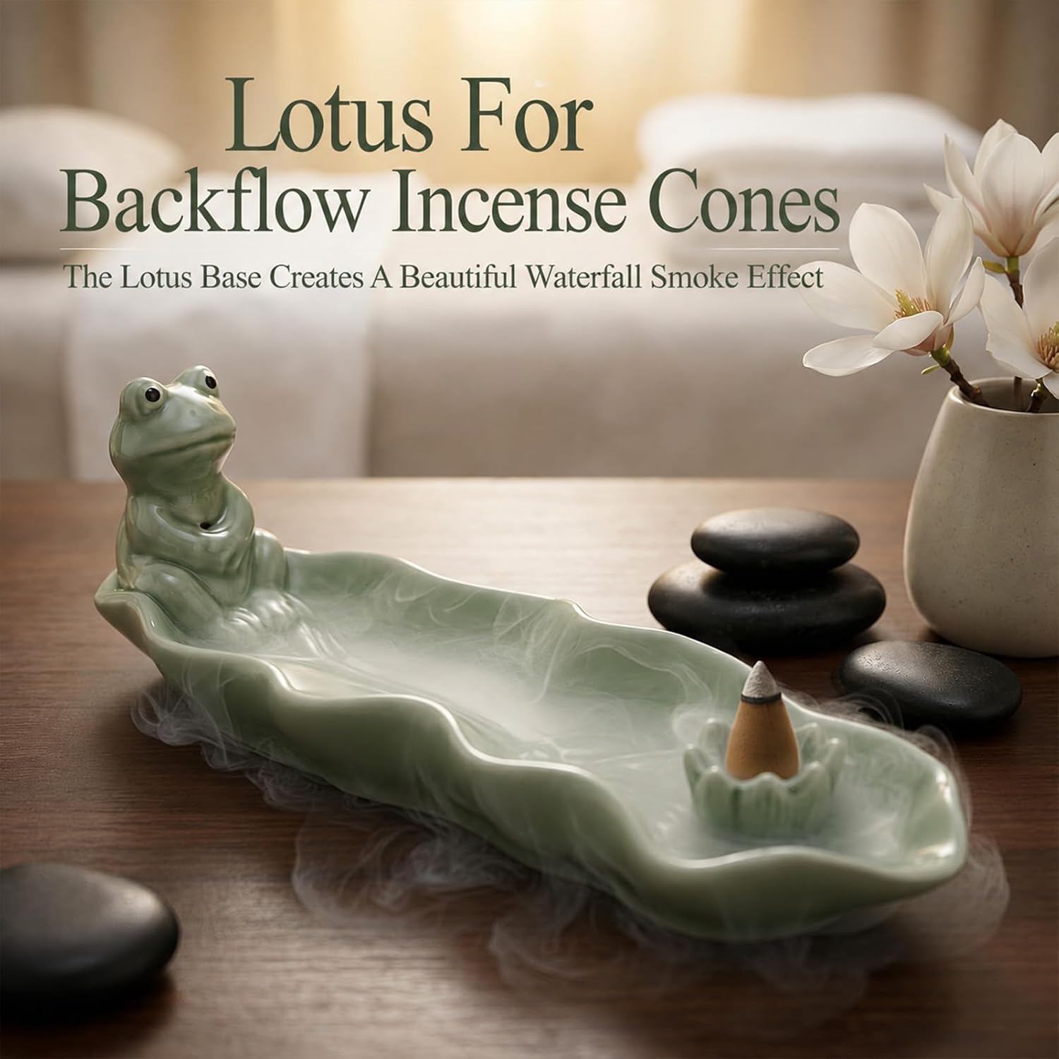 Frog Incense Holder for Sticks, Handmade Ceramic Holder for Burning Sage Sticks, Palo Santo, Cone and Backflow, Incense Burner for Meditation Room Home Decor, Frog Spiritual Gifts for Women