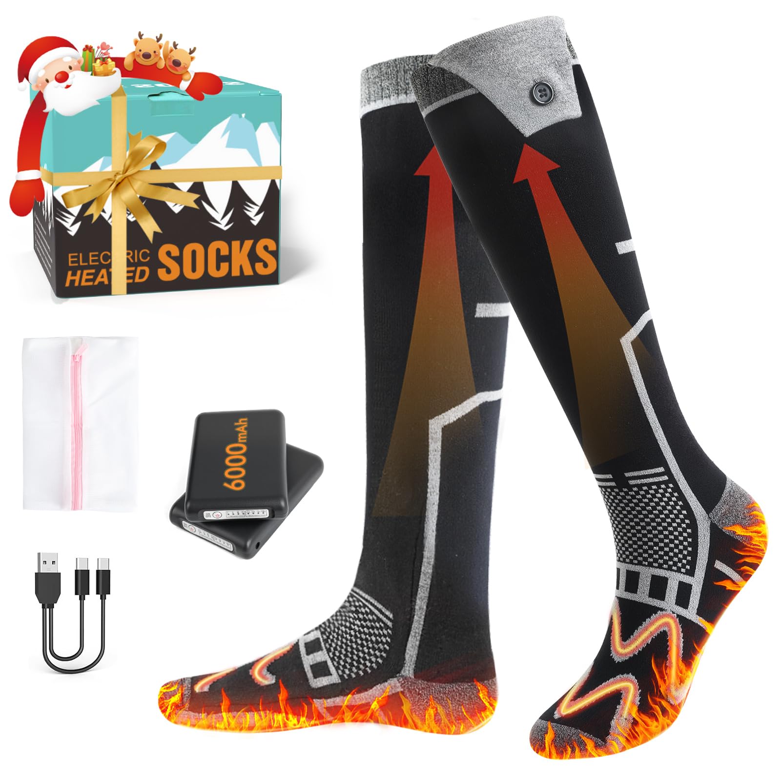 Calze riscaldate a batteria fino a 65 °C 5 V 6000 mAh Calzini caldi Scaldapiedi Calzini termici per la caccia, il campeggio, l'escursionismo, lo sci, il ciclismo