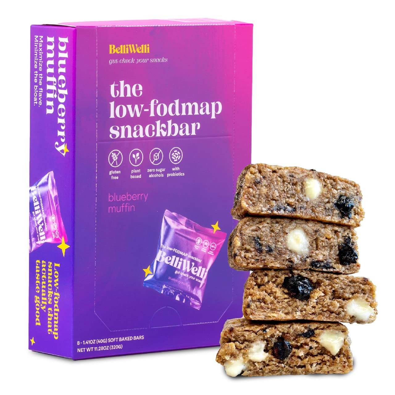 BelliWelli Vegan, Gluten-Free Blueberry Muffin Snack Bar (8-Pack) - Low FODMAP Certified, Dairy Free