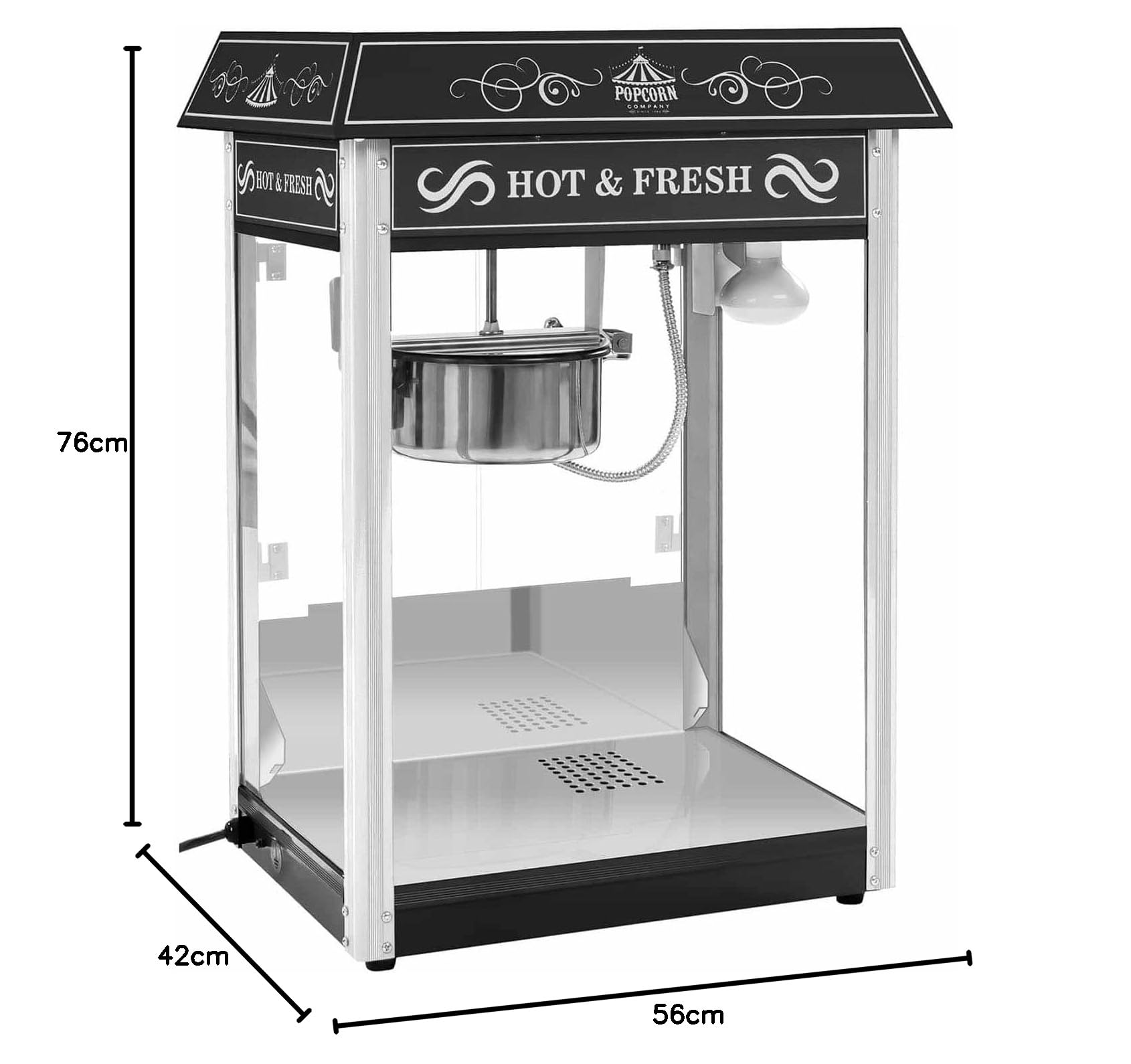 Royal Catering Maszyna do popcornu w stylu retro, czarna, 1600 W, 5 kg/h, podświetlane wnętrze, funkcja ogrzewania, wyjmowany garnek z powłoką teflonową, szuflada na okruchy, maszyna do popcornu