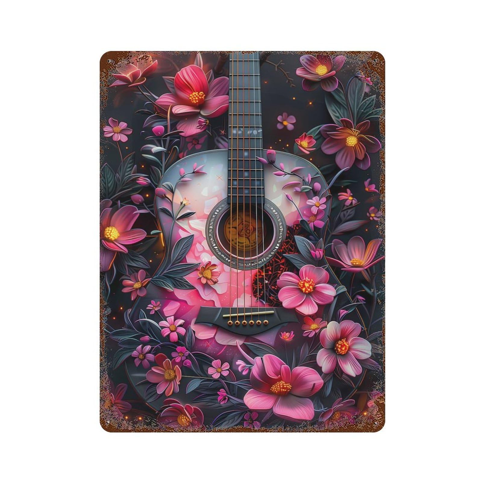 Rust Effect Floral Acoustic Guitar Rusty Metal Tin Sign 15.7"x11.8", Old School Wall Decor for Pub, Kitchen And Man Cave Decor