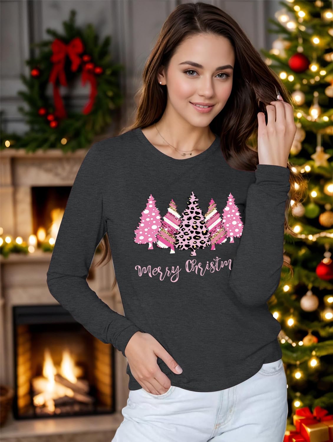 Long Sleeve Christmas Shirts for Women: Merry Christmas Tshirts Women Xmas Tree Snowman Coffee Graphic Tee Tops - Image 3