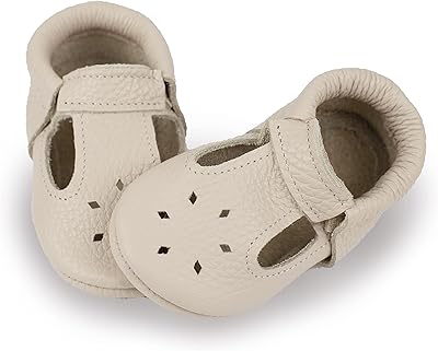 Littlebeemocs T-Strap Baby Moccasins (Italian Leather) Soft Sole Shoes for Boys and Girls | Infants, Babies, Toddlers (Driftwood, Numeric_2_Point_5)