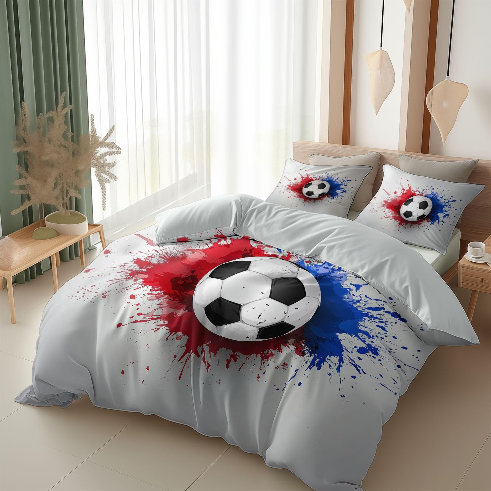 Dwustronna poszewka na kołdrę łóżko Futbol Farba z mikrofibry Edredon 3 sztuki z 2 poszewkami na poduszki 50 x 75 cm szary nadruk poszewka na kołdrę z zamkiem błyskawicznym