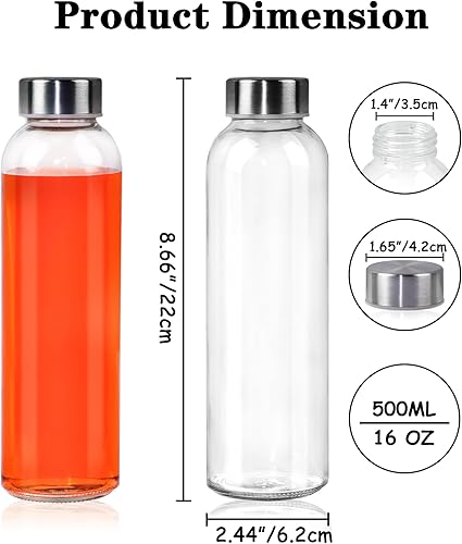 Miniatura 2 de Paquete de 12 botellas de agua de vidrio, botellas de vidrio transparente de 16 onzas con tapas de acero inoxidable, botellas de vidrio