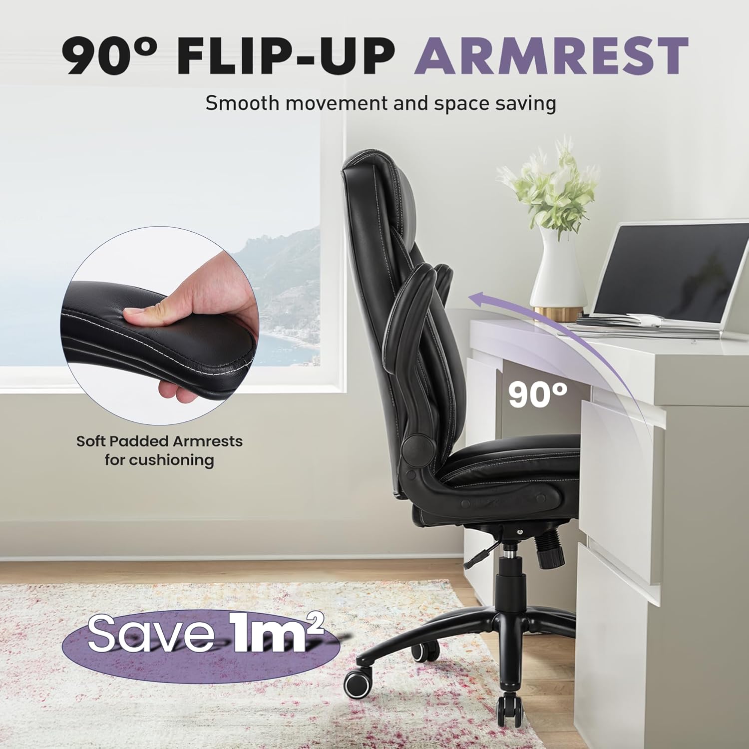 Ergonomic PU Leather Office Chair Set of 2 with Flip-Up Armrests & Reclining Backrest, 300lbs Thick Padded Seat Executive Desk Chair-Adjustable Height & Tilt Tension, Brown, Black