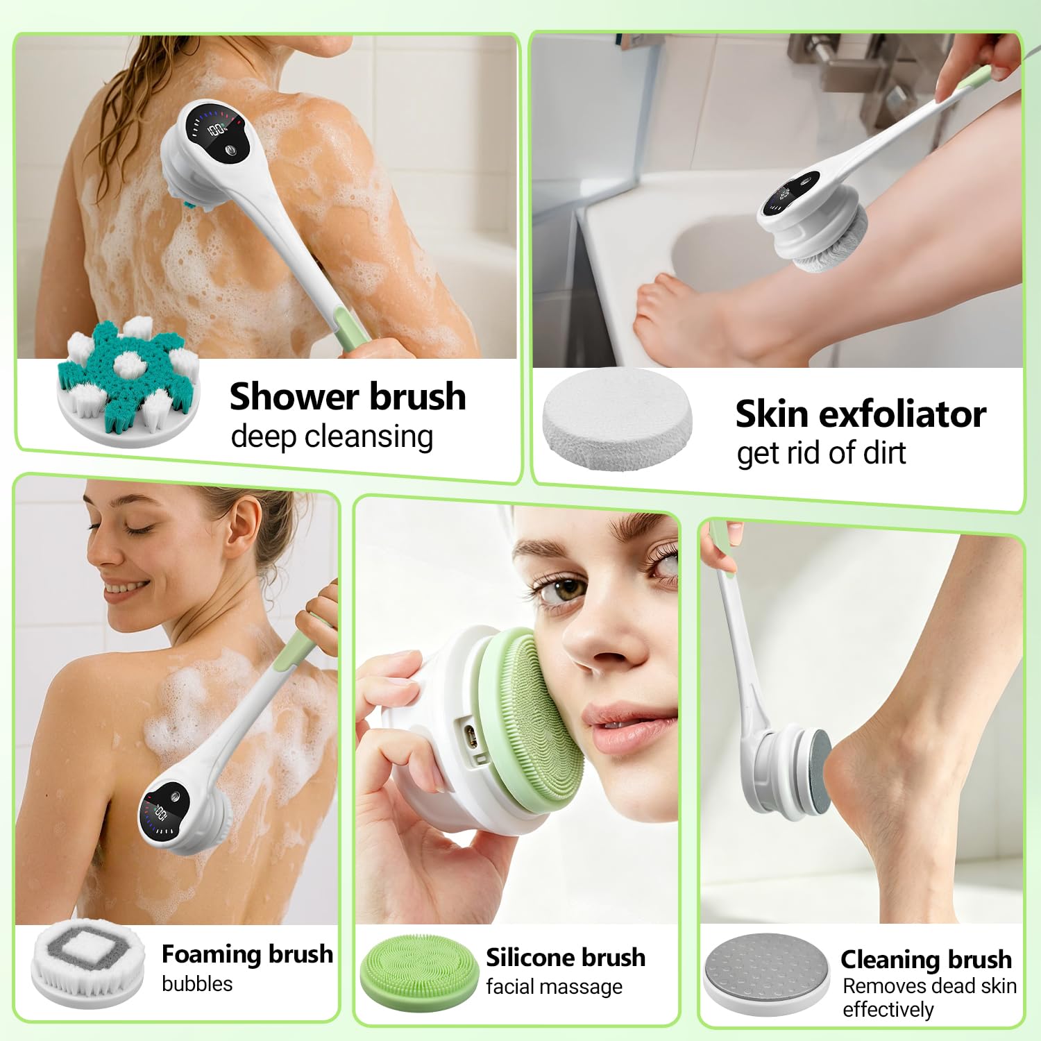 Rückenschrubber, Elektrischer Körperschrubber, Trockenbürste, IPX6 wasserdichte Körperbürste Wiederaufladbare USB-Aufladung mit Greenandle, Lotion-Applikator für Rücken, Grün