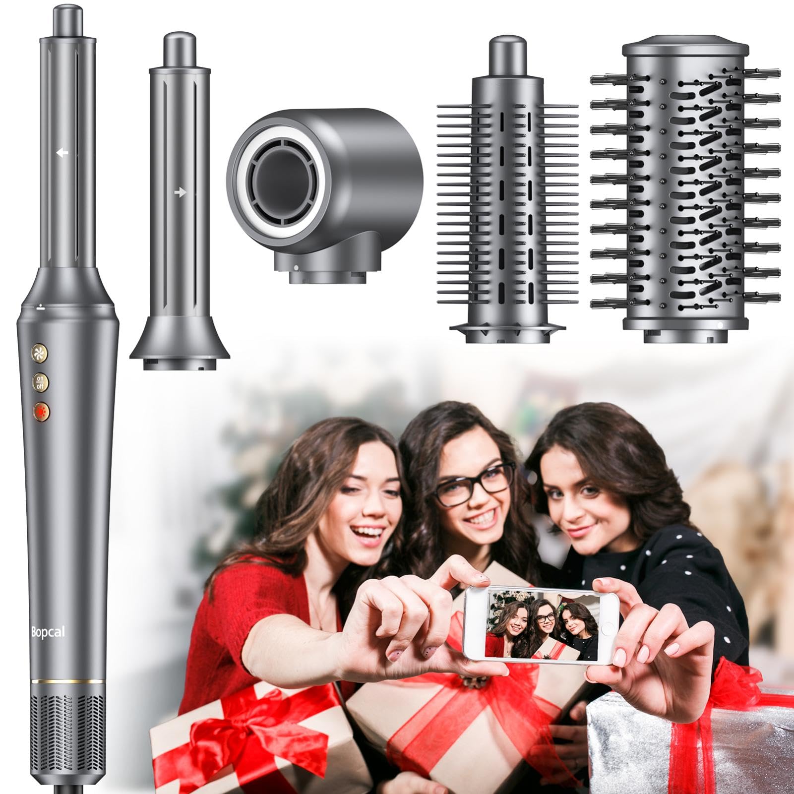 Bopcal Hair Styler 5 in 1 - Phon Capelli professionale 110000 RPM, Arricciacapelli Automatico, Spazzola Asciugacapelli e Spazzola ad Aria Calda con Ionico Negativi per Ricci, Volumizzante, Lisciante
