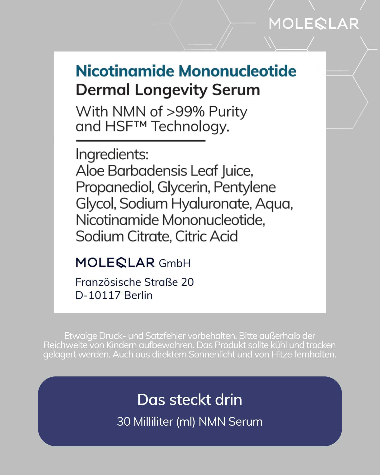 Sérum visage MoleQlar NMN 30 ml - Longévité pour votre peau - avec la technologie brevetée HSF et du NMN d'Uthever hautement purifié