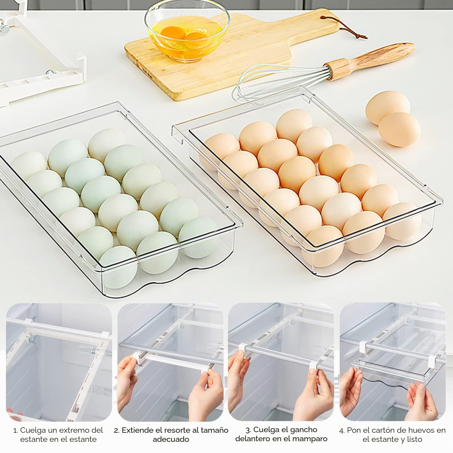 Cajón para huevos extensible para frigorífico, espacio para 18 huevos, organizador adecuado para la mayoría de los refrigeradores