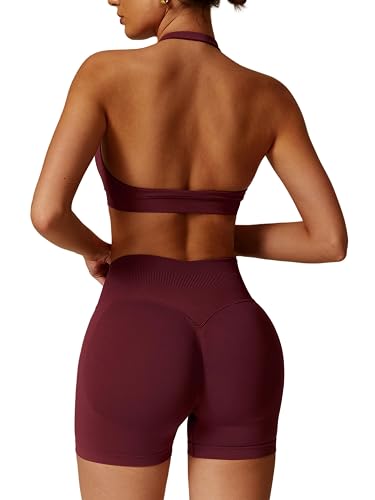 ABOCIW Workout Sets for Women 2 Piece seamless Halter Sports Bra Scrunch Butt Impact Shorts Gym Yoga Outfits