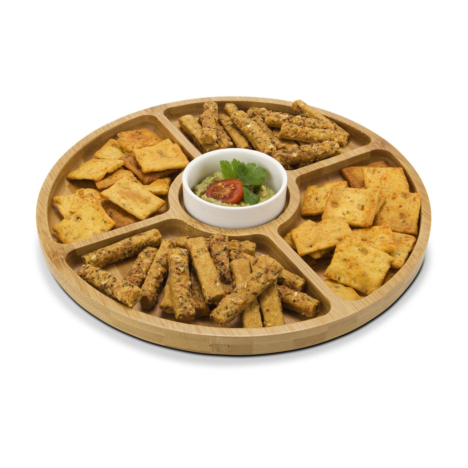 ROMINOX Geschenkartikel Servierteller // Rondo aus Bambus im Set mit einem Keramik-Dipschälchen, praktische Unterteilung in 4 Snackfächer, Snacks, Antipasti oder Tapas mit Dips; ca. 28 x 28 x 3.5 cm