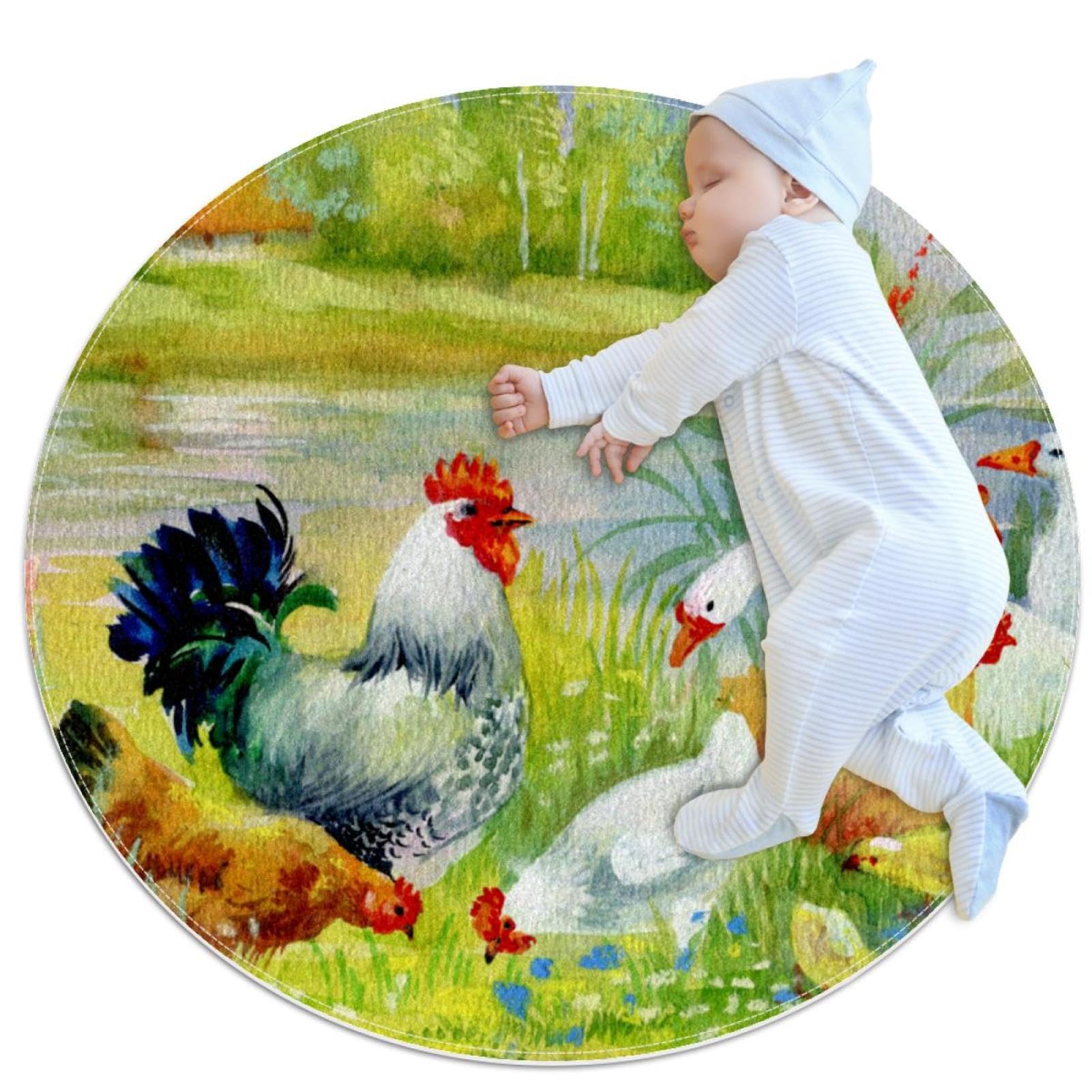 Tapis de salle de bain rond 1m motif poussins et oie tapis antiderapant chambre enfant