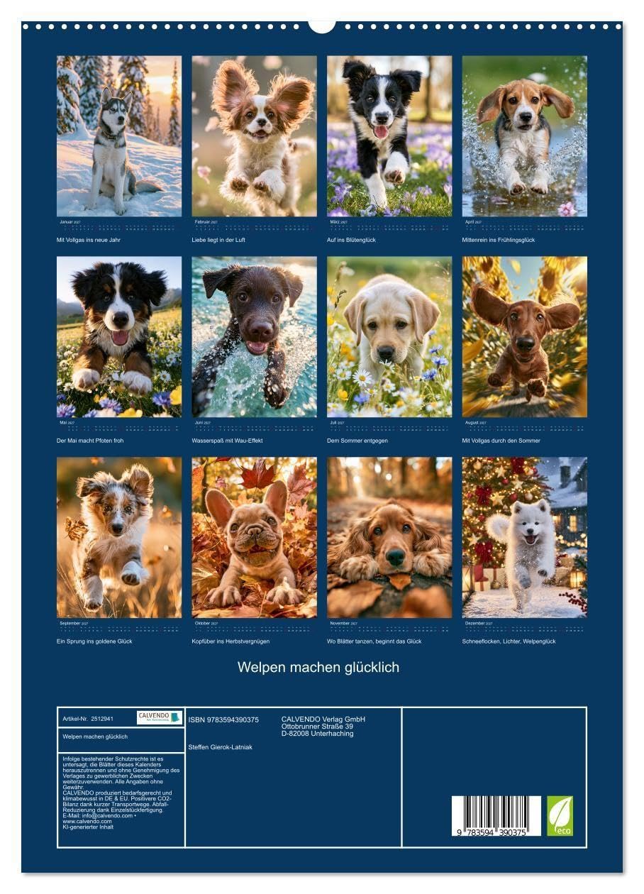Welpen machen glücklich (hochwertiger Premium Wandkalender 2027 DIN A2 hoch), Kunstdruck in Hochglanz: Vom fröhlichen Schneespaß bis zum sommerlichen ... für Monat für Freude, Wärme und ein Lächeln.