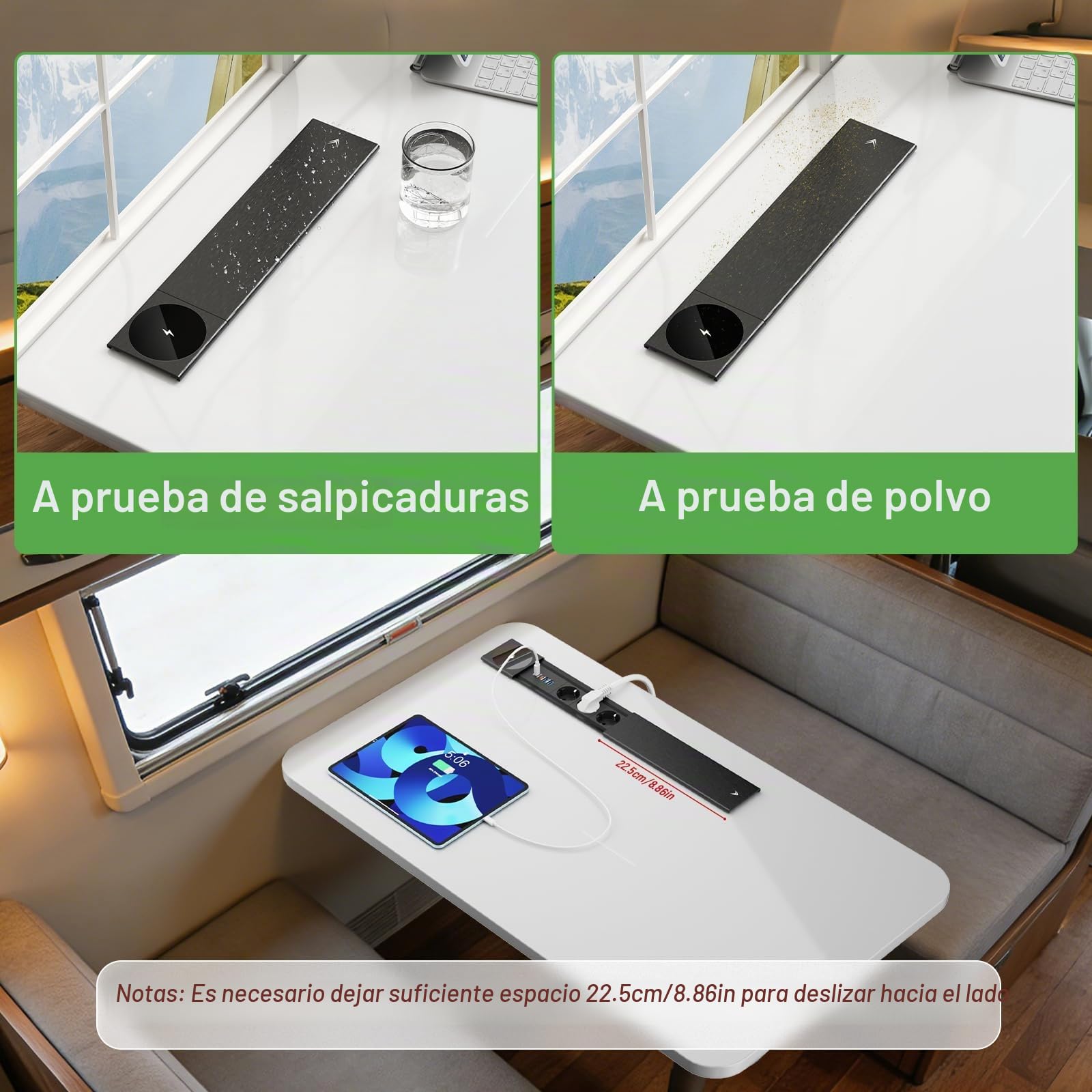 Enchufe de Mesa Empotrable con 3 Tomas, 2 USB-C PD 30 W y Cargador Inalámbrico 15 W, Regleta Encastrable con Tapa Metálica para Escritorio, Cocina y Oficina
