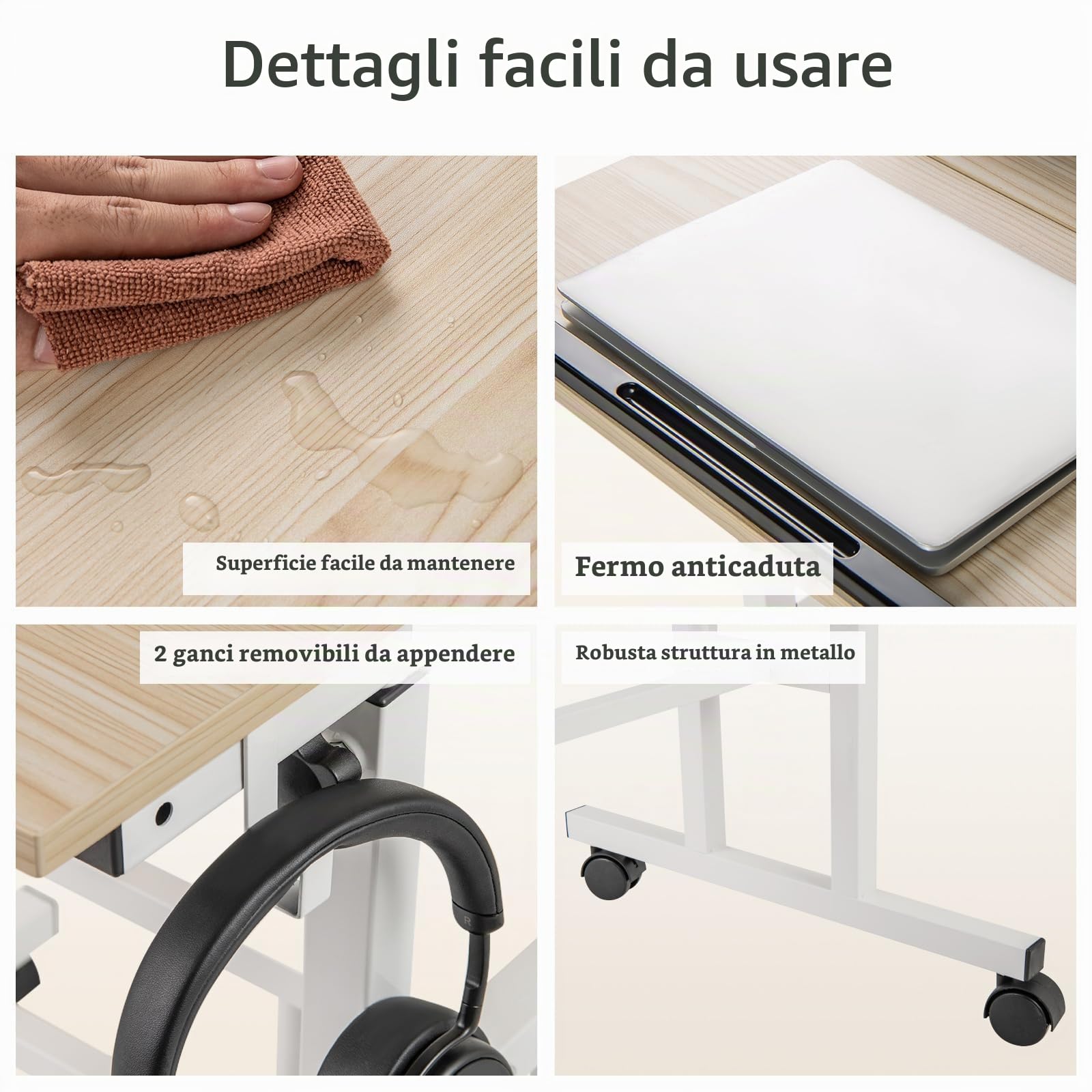 LIFEZEAL Scrivania Sit-Stand con Ruote, Scrivania Mobile per Computer con Ripiani, Tavolo da Studio con Struttura in Acciaio Regolabile in Altezza, per Ufficio, Camera da Letto e Soggiorno (naturale)